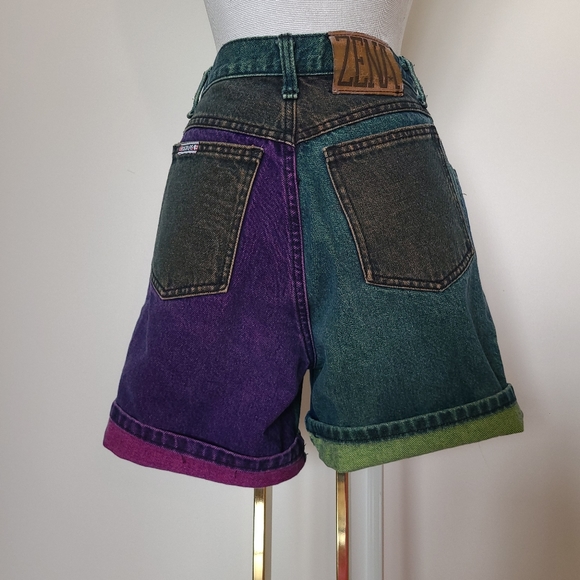 ZENA - Vintage Colourblock Highwasted Jean Shorts - Size 3 - Picture 4 of 8
